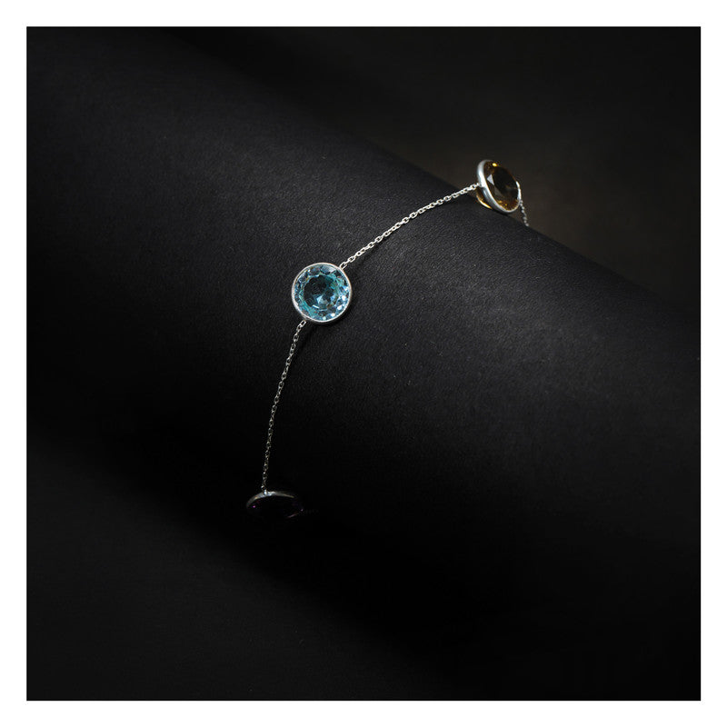 JSAJ Stone bracelet real semi percious stone 92.5 Sterling Silver Bracelet with smokey topaz amethyst and aquamarine stone flexible bracelet for Girls Women's