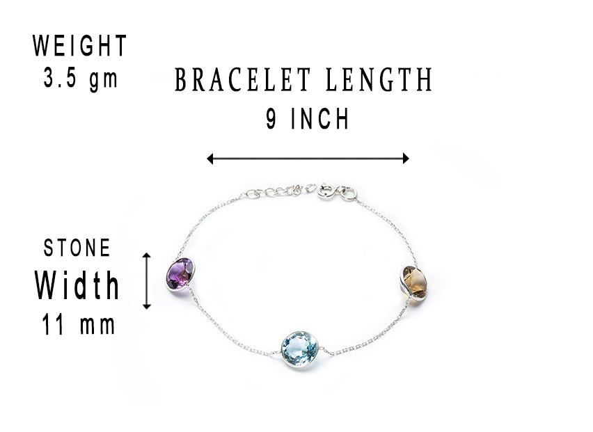 JSAJ Stone bracelet real semi percious stone 92.5 Sterling Silver Bracelet with smokey topaz amethyst and aquamarine stone flexible bracelet for Girls Women's