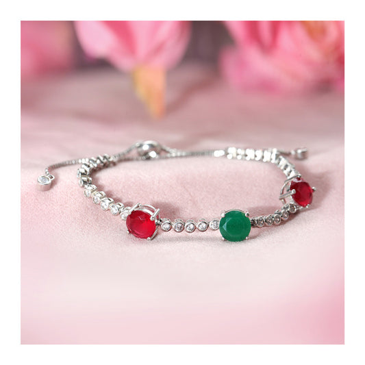 JSAJ 92.5 Sterling Silver Ruby Emerald and with Zercon stones adjustable flexible bracelet for Girls Women's Comfortable Durable