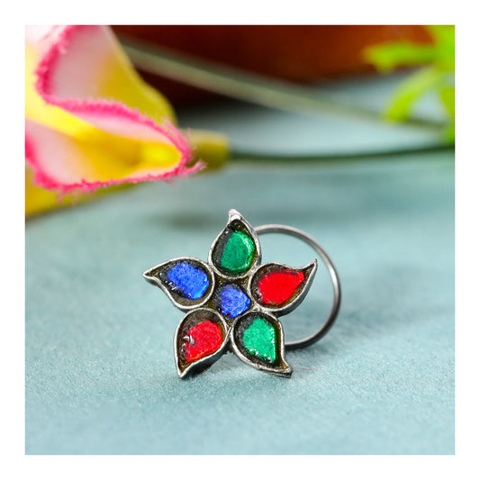 JSAJ 92.5% SILVER NOSE PIN WIRE NOSE PIN KUNDAN WORK MIRROR WORK STERLING SILVER 925 SILVER MULTI COLOUR STONE