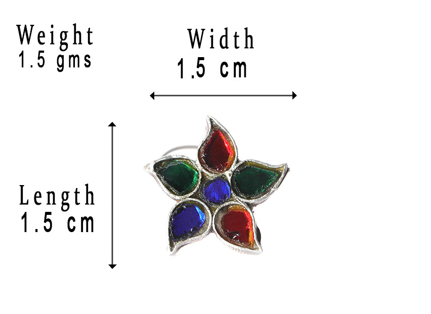JSAJ 92.5% SILVER NOSE PIN WIRE NOSE PIN KUNDAN WORK MIRROR WORK STERLING SILVER 925 SILVER MULTI COLOUR STONE