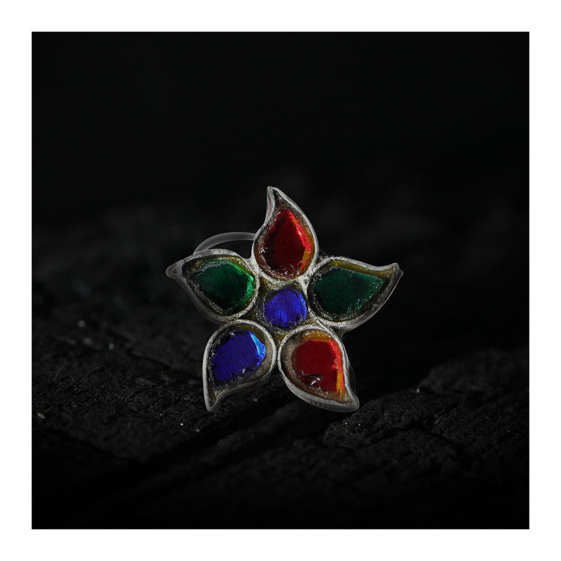 JSAJ 92.5% SILVER NOSE PIN WIRE NOSE PIN KUNDAN WORK MIRROR WORK STERLING SILVER 925 SILVER MULTI COLOUR STONE