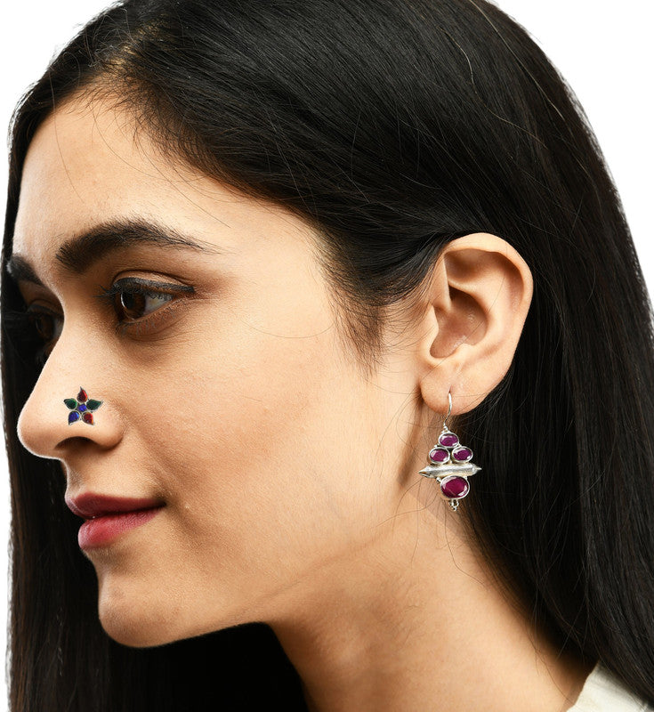 JSAJ 92.5% SILVER NOSE PIN WIRE NOSE PIN KUNDAN WORK MIRROR WORK STERLING SILVER 925 SILVER MULTI COLOUR STONE