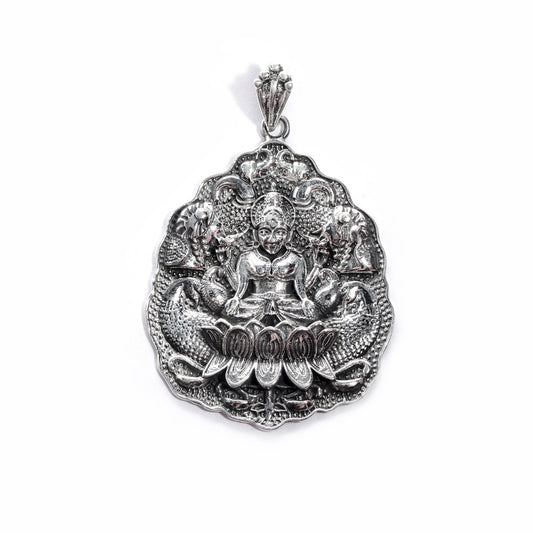 JSAJ Silver 925 Sterling Silver GOD PENDENT LOCKET LAXMI JI WITH LOTUS UNISEX PENDENT for Good Health and Wealth