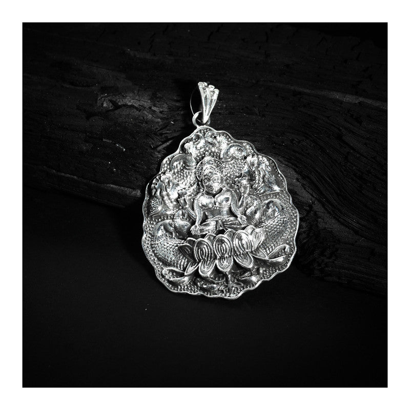 JSAJ Silver 925 Sterling Silver GOD PENDENT LOCKET LAXMI JI WITH LOTUS UNISEX PENDENT for Good Health and Wealth