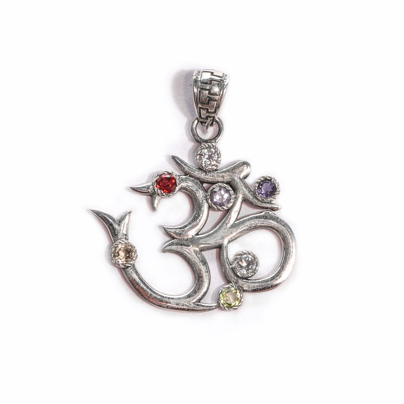 JSAJ Silver 925 Sterling Silver OM PENDENT LOCKET OM WITH STONES UNISEX PENDENT for Good Health and Wealth