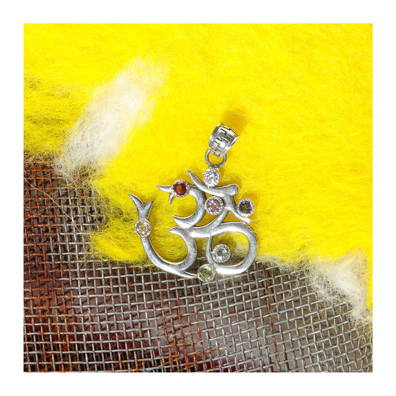 JSAJ Silver 925 Sterling Silver OM PENDENT LOCKET OM WITH STONES UNISEX PENDENT for Good Health and Wealth
