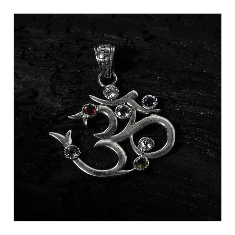 JSAJ Silver 925 Sterling Silver OM PENDENT LOCKET OM WITH STONES UNISEX PENDENT for Good Health and Wealth