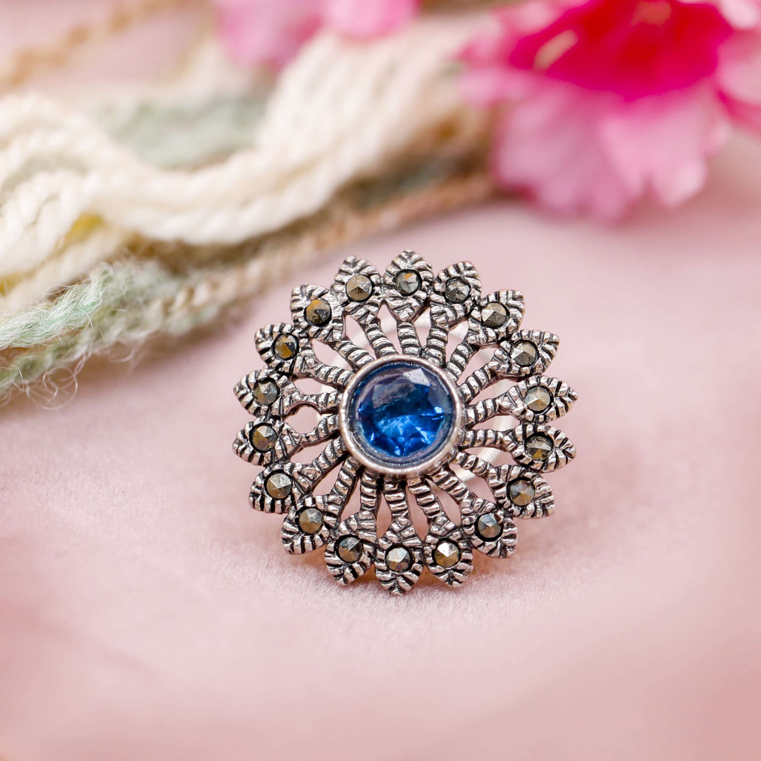 92.5 STERLING SILVER SAPPHIRE WITH MARACASITE STONE WIRE NOSE PIN FOR GIRLS AND WOMENS - Image 3