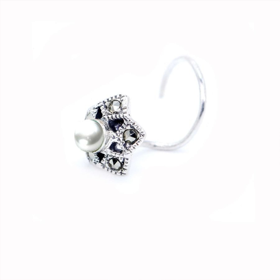 92.5 STERLING SILVER PEARL WITH MARACASITE STONE WIRE NOSE PIN FOR GIRLS AND WOMENS - Image 2