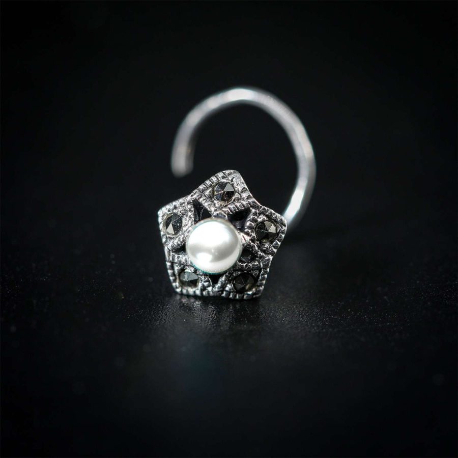 92.5 STERLING SILVER PEARL WITH MARACASITE STONE WIRE NOSE PIN FOR GIRLS AND WOMENS - Image 4