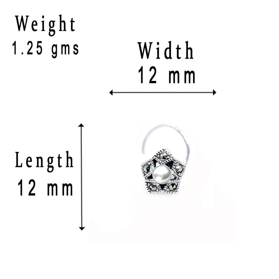 92.5 STERLING SILVER PEARL WITH MARACASITE STONE WIRE NOSE PIN FOR GIRLS AND WOMENS - Image 5