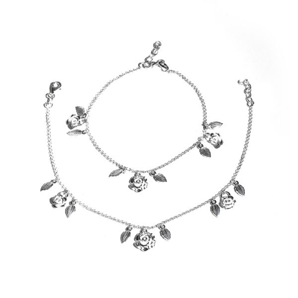 Silver 925 Sterling Silver FLOWER LEAF CHARMS  Anklet for Womens Girls handmade Anklet Payal