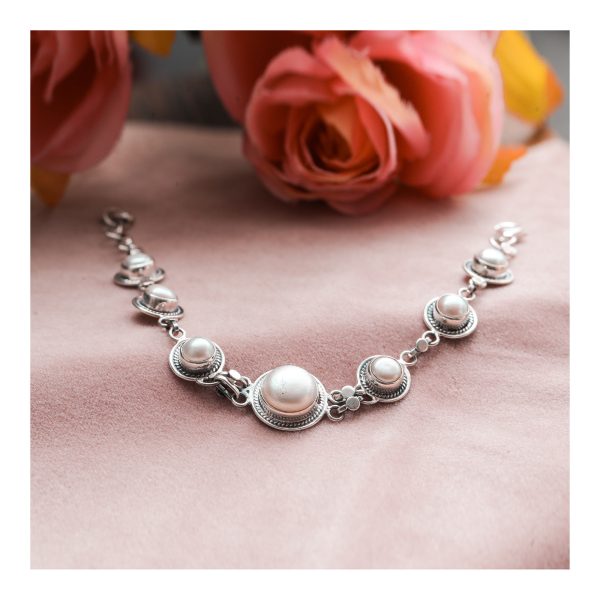 Pearl Bracelet  92.5 Sterling Silver Pearl moti flexible bracelet Round Pearls flexible for Girls  Women's Comfortable Durable