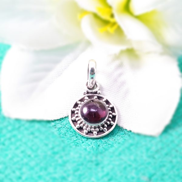 GARNET ROUND SHAPE RAWA WORK PENDANT IN 925 STERLING SILVER FOR GIRLS AND WOMEN'S