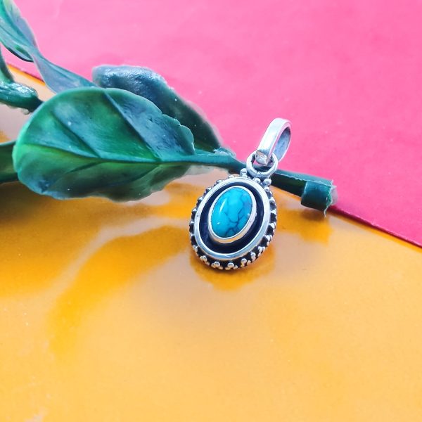FIROZA OR TURQUOISE OVAL SHAPE RAWA WORK PENDANT IN 925 STERLING SILVER FOR GIRLS AND WOMEN'S